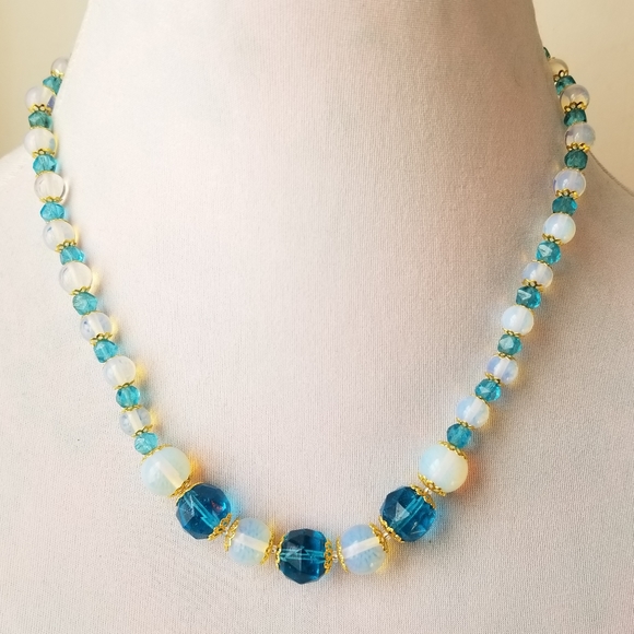 Relisted -Art deco upcycled necklace aqua blue opalescent glass repurposed - Picture 3 of 11